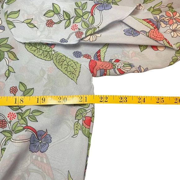 Nanette Lepore Blue Floral Bird Sheer Blouse Large Business Casual Elastic Waist - Picture 7 of 10